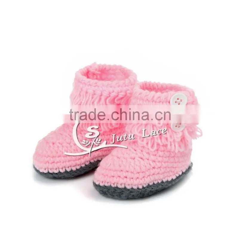 Warm Coral Fleece Vamp Newborn Fancy Baby Girl Shoes, Woolen fabric Baby Shoes with button