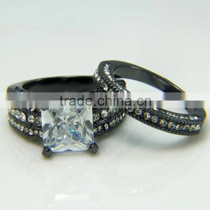 Vintage Lovers Ring Designs Wide Large Zircon Stone Gunblack Plated Wedding Bands