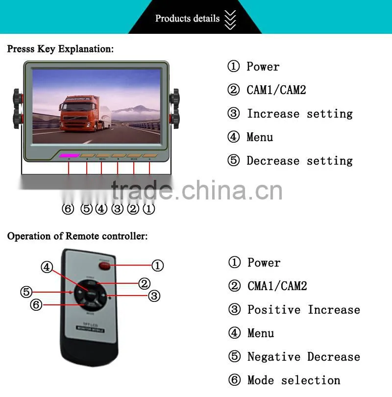 7 Inch vehicle reversing monitor with CCD Camera System and 4pin camera extension cable CS-S751TMS