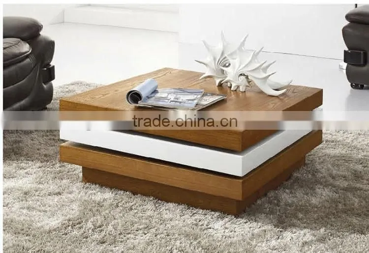 square wooden functional coffee table rotating coffee table three layers