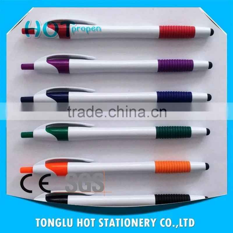 promotion click action screen touch ball pen with soft grip, white barrel pen
