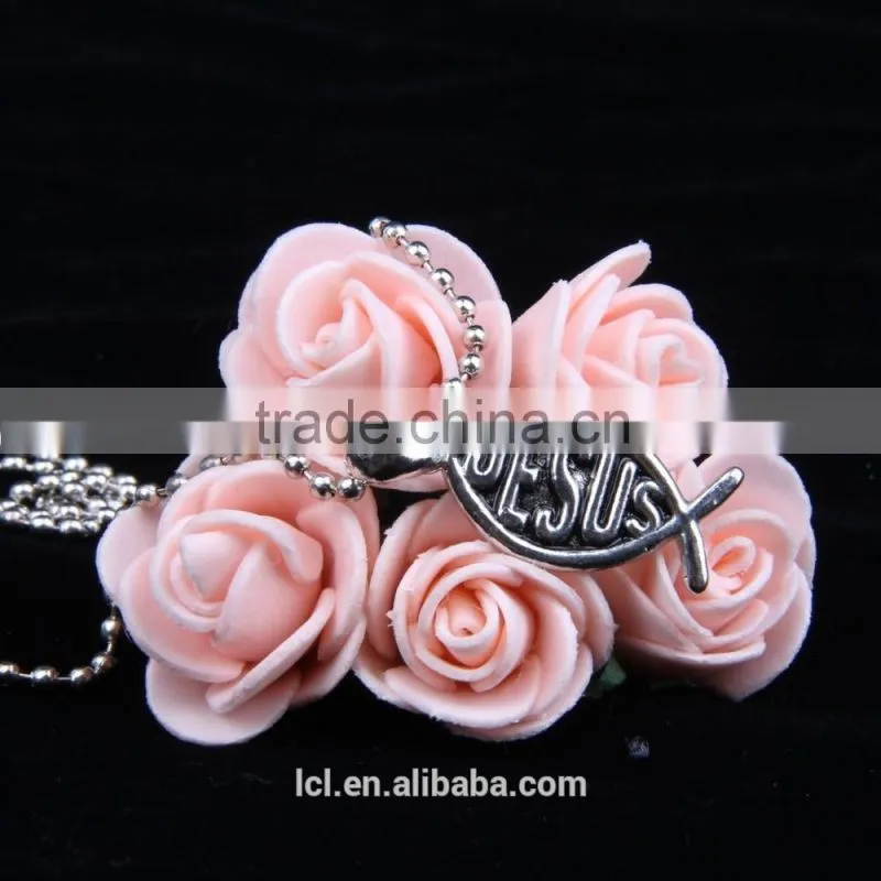 Fashion imitation jewelry necklace, antique imitation silver religious bead necklace with fish pendant