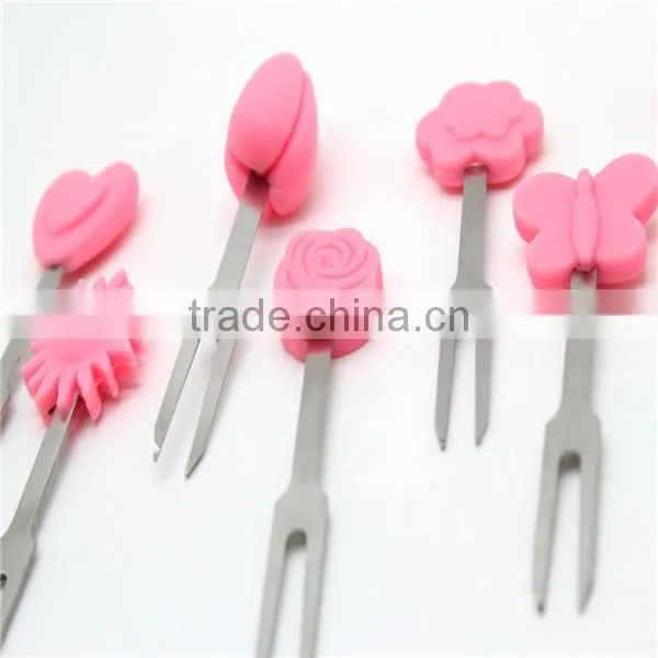 2015 high end hand-painted stainless steel non-stick silicone fruit fork