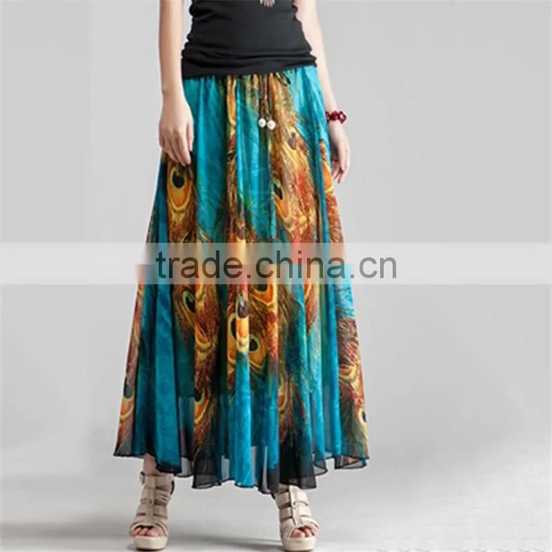 Maxi peacock feathers printed multiple wear long ethnic skirts