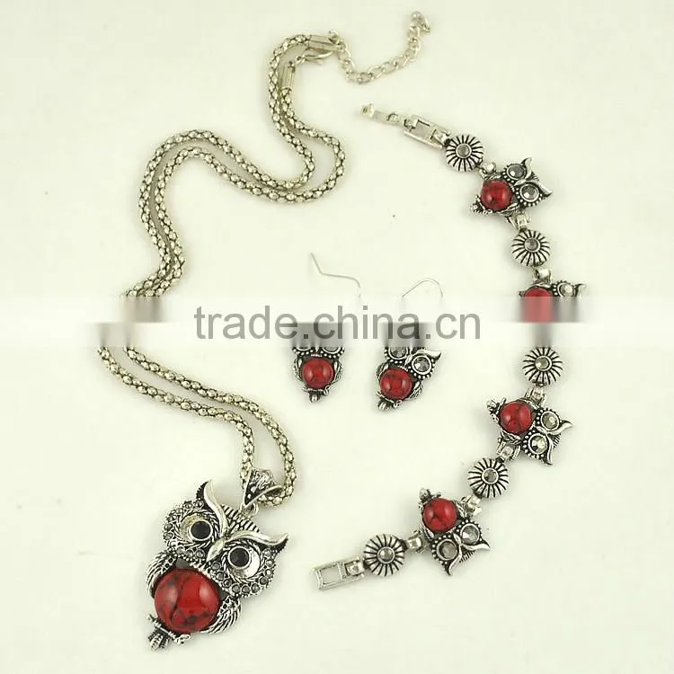 Top Green Red Blue Turquoise CZ Owl Necklace Bracelet Earrings Vintage Silver Jewelry Set