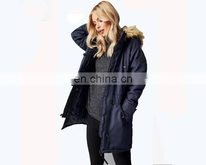 Dongguan Manufacturer Professional Customization Freestyle Women's Navy Parka with Fur Hood Ladies Warm Long Jacket