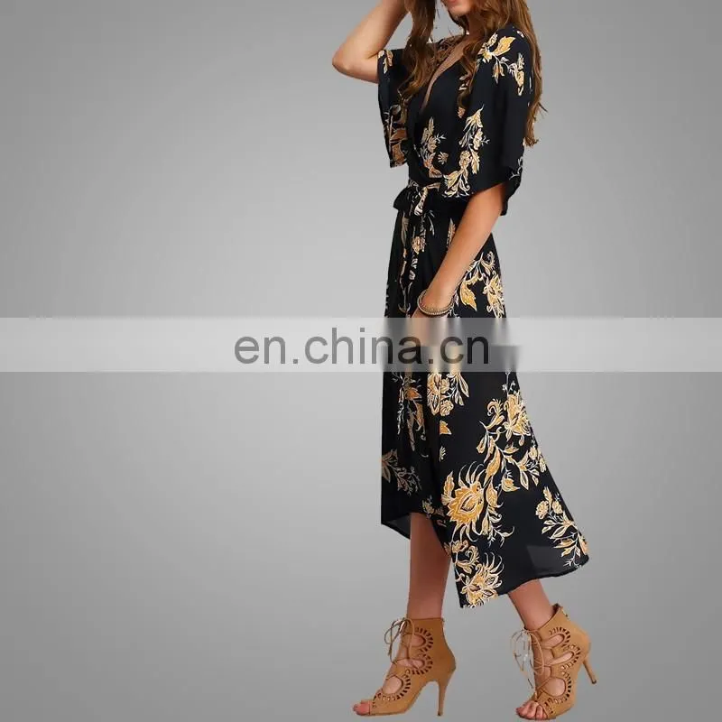 High quality chiffon printing dress half sleeves ladies dress