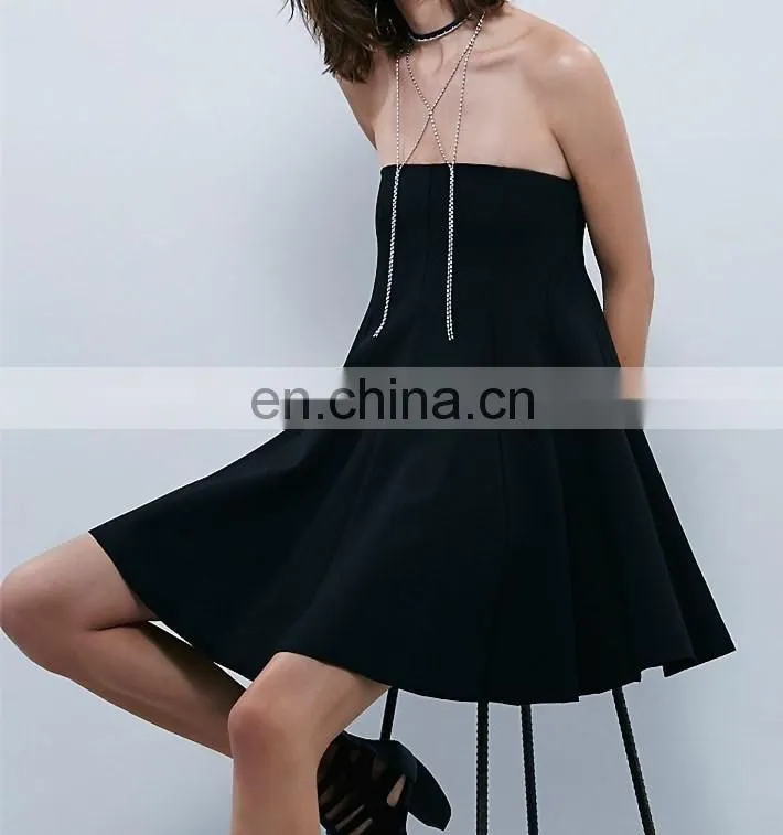 Taiwan Online Shopping Strapless Sex Chiffon Swing Dresses Korea Evening Outfit Black NT6721