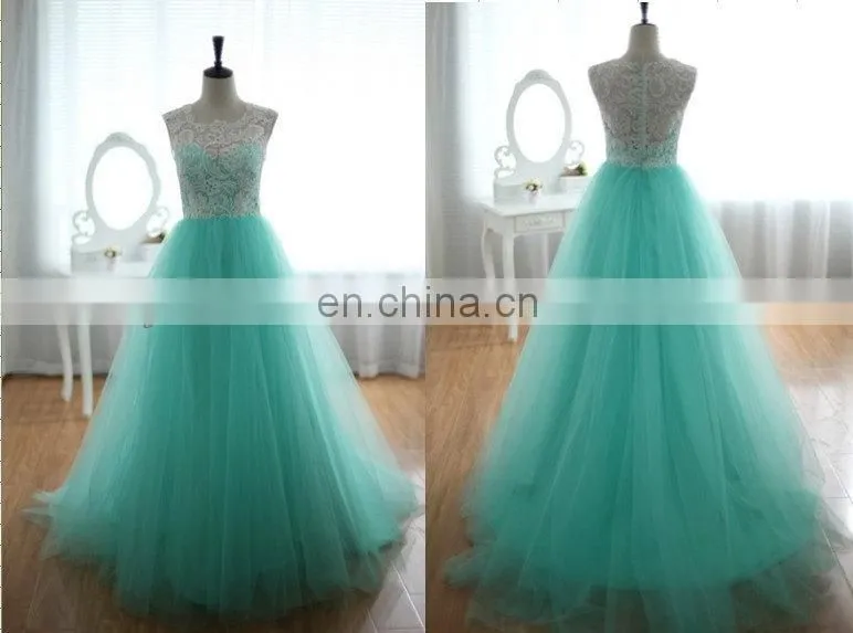Free Shipping Cheap Jewel Collar Sleeveless Pleat Lace and Tulle Blue A-line Long Real Evening Dress Express