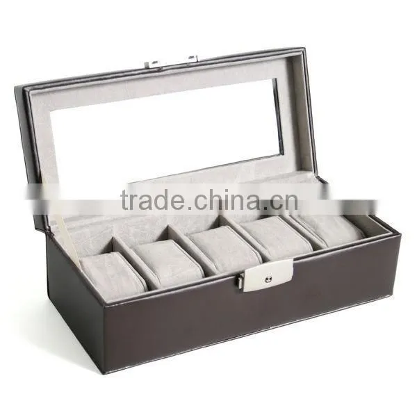 Black Genuine Leather 5-slot Watch Display Box Watch Organizer Case Travel Jewelry Case