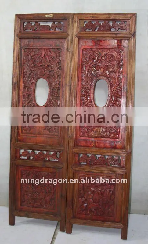 Antique Chinese Head Carved Wood Window Pane Blossom Panel Shutter