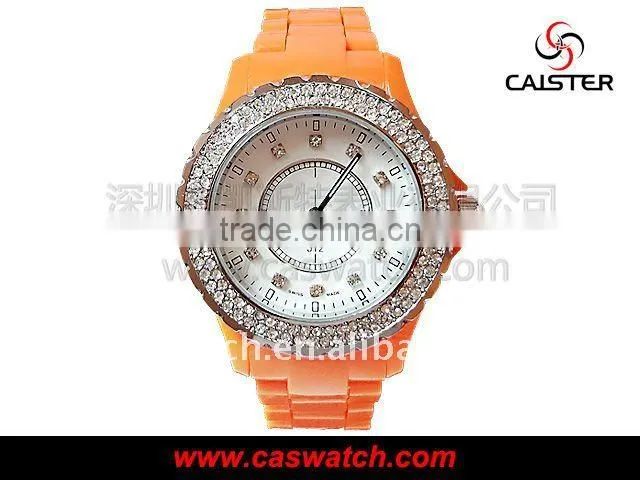 fashion PVC band strap rhinestones custom watch plastic ladies watch