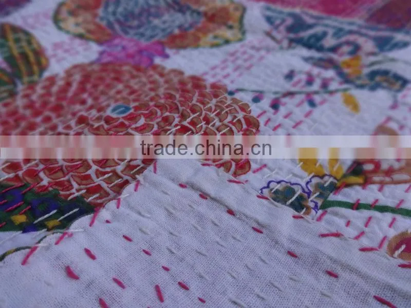 Tropical Kantha Quilt, Handmade Fruit Print Kantha Bedding, Decorative Kantha Work, Indian Cotton Bedspread / Bed Sheet