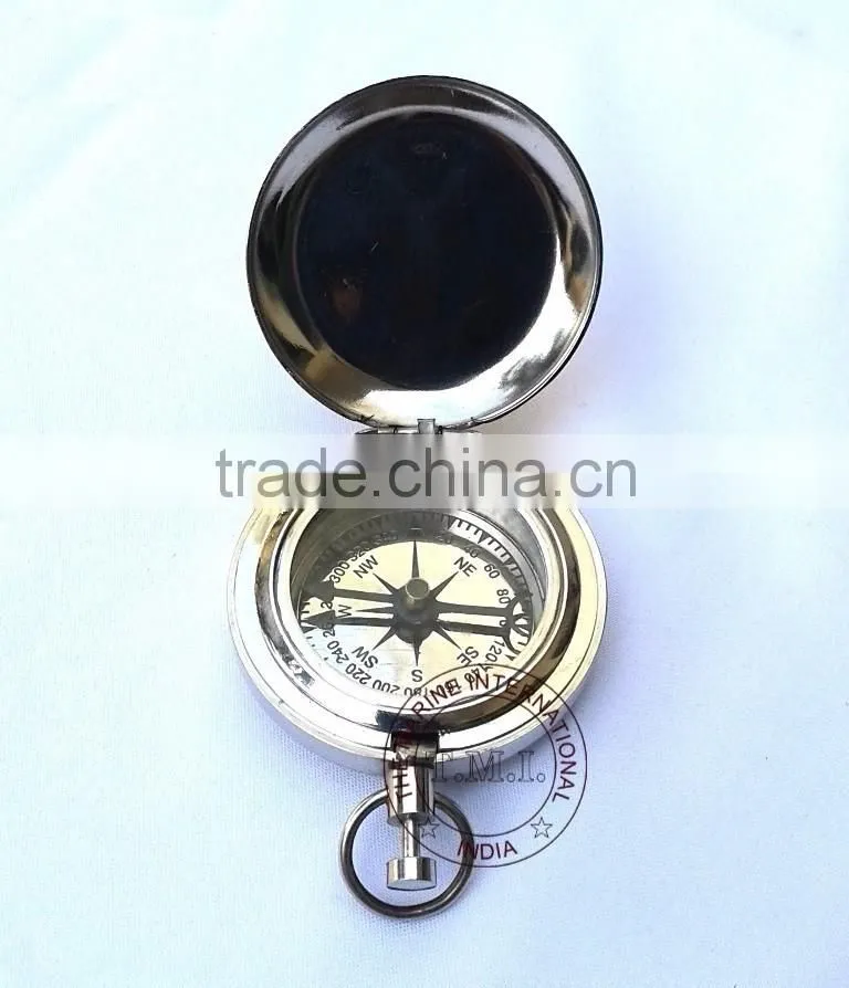 BRASS DALVEY COMPASS - NAUTICAL COMPASS WITH LID - CHROME COMPASS WITH LID - PUSH BUTTON COMPASS