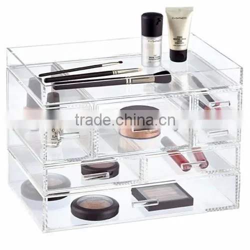 excellent acrylic jewelry & cosmetic storage display boxes/acrylic cosmetic makeup organizer with 3 drawers and top open