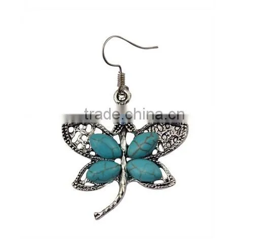 Bohemian Vintage Silver Plated Crystal Butterfly Pendant Turquoise Earrings
