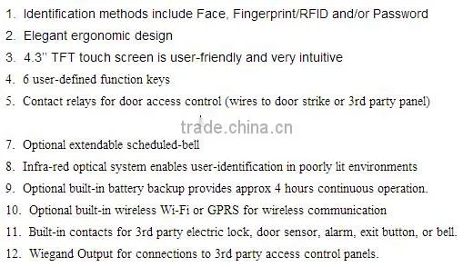 1500 face user optional wifi gors TCP/IP 4.3inch TFT color screen face & fingerprint time attendance access controller