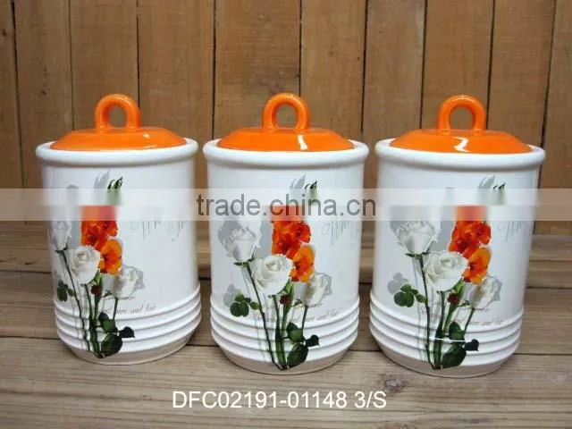 chinese ink flower decal wall ceramics spices pots with orange lids