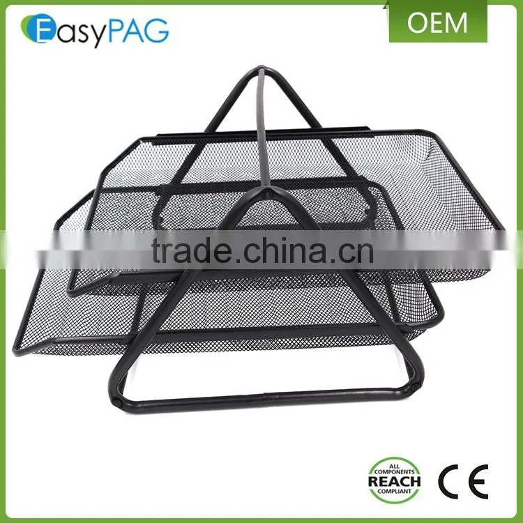 Triangle support 2 tier black metal mesh desk office file magazine rack