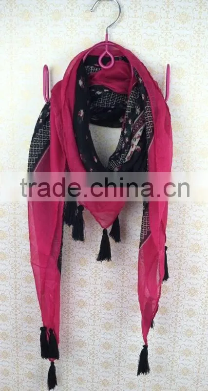 hot selling red and white flower gauze scarf with tassels
