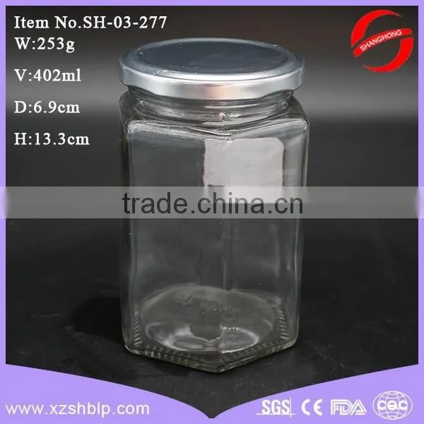400ml hexagonal glass jar with metal screw top lid