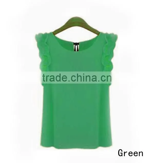Plus Size Ladies Blouses 2015 New Summer Women Blouse O-Neck Lotus Leaf Casual Shirt Women Clothing Lacing Bow Chiffon Blouse