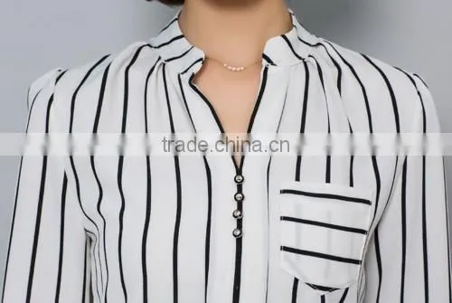 Womens Scarf Collar Long Sleeve V-neck Chiffon Striped Casual Blouse 2016