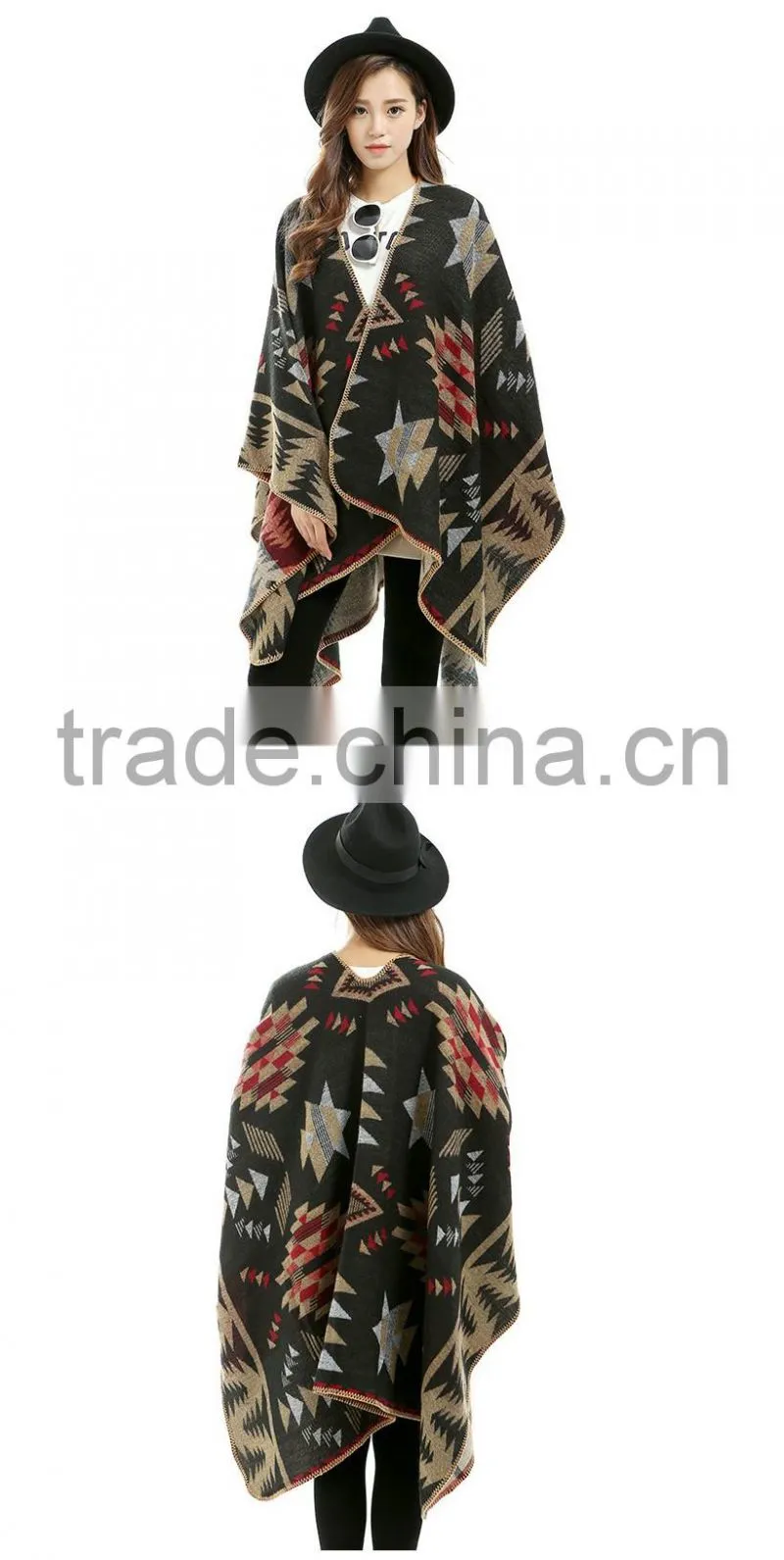 Poncho Women Cashmere Shrug Warm Flower Pattern Slit Wool Blend Plaids Blanket Cloak Poncho Cape Coat printed Cardigan Shawl
