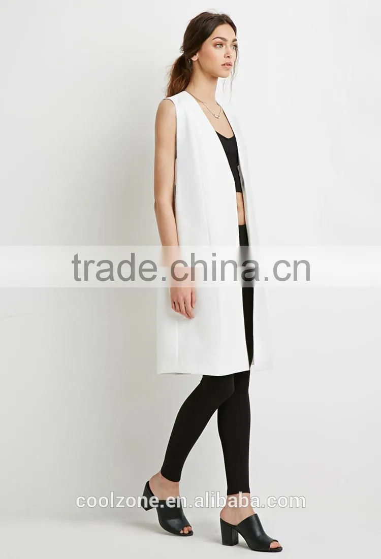 Collarless V-neck longline women vest woven vests with pockets