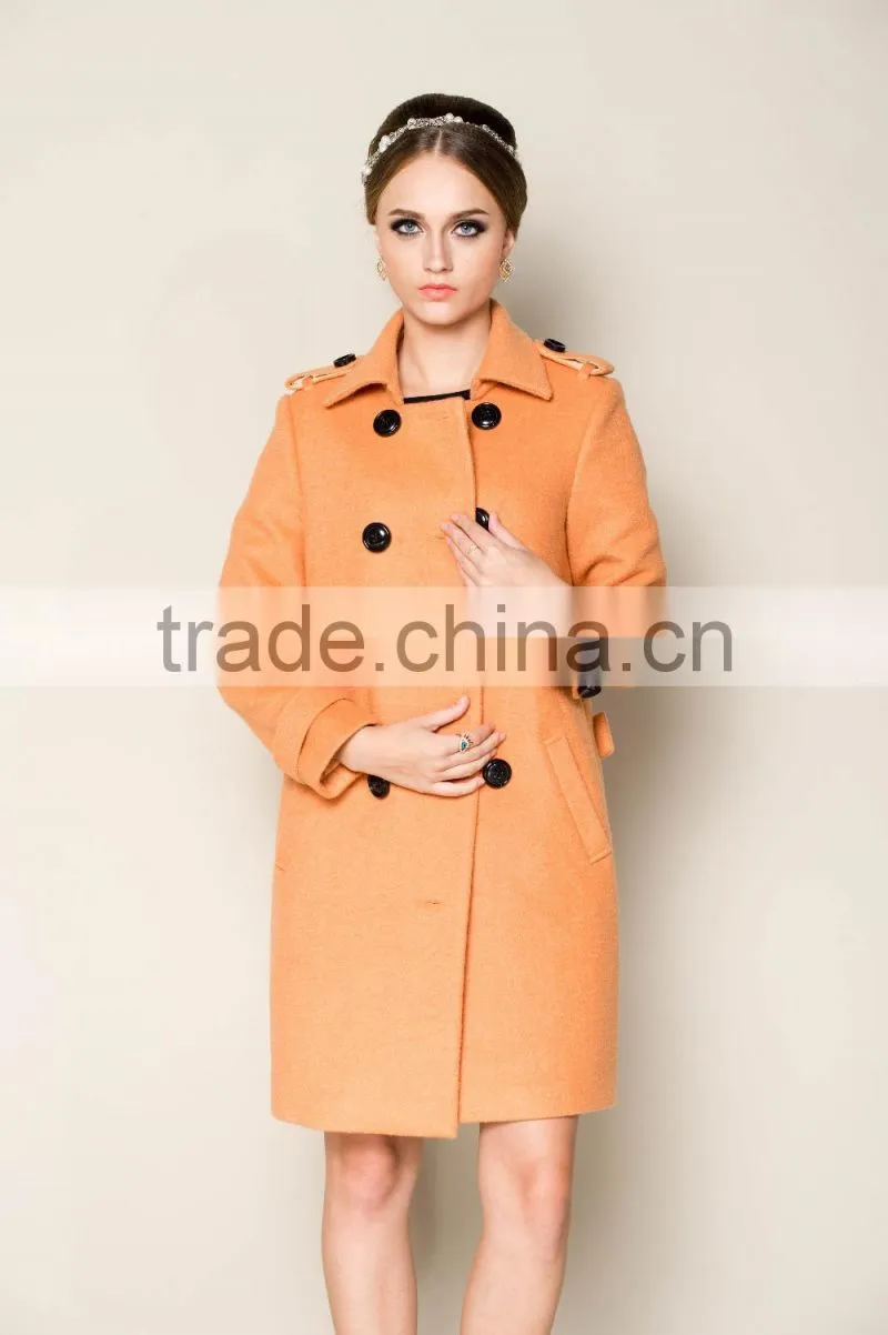 latest 2015 thick warm lovely pink women office coat with double breasted design