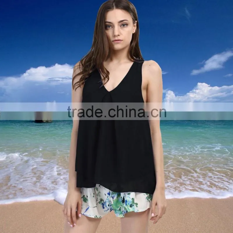 Fashion Summer Deep V Neck Chiffon Sleeveless Woman Blouse For Sale