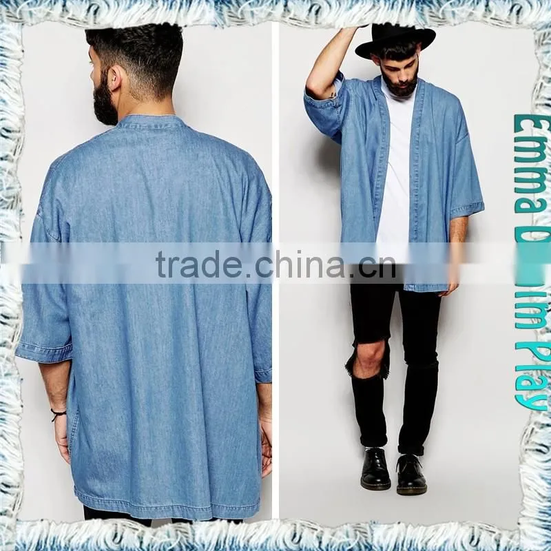 Light Blue Men Fashion Trend Chic Designer Short Sleeves Denim Long Jackets Coats