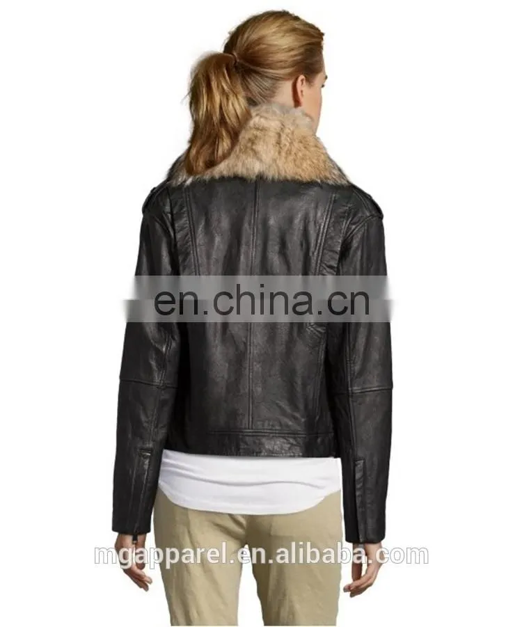 Black Leather Fur Collar Asymmetrical Zip Motorcycle Jacket Woman Coat