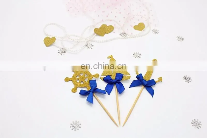 Sea Theme Gold Glitter Topper with Blue Bow Cake Decoration