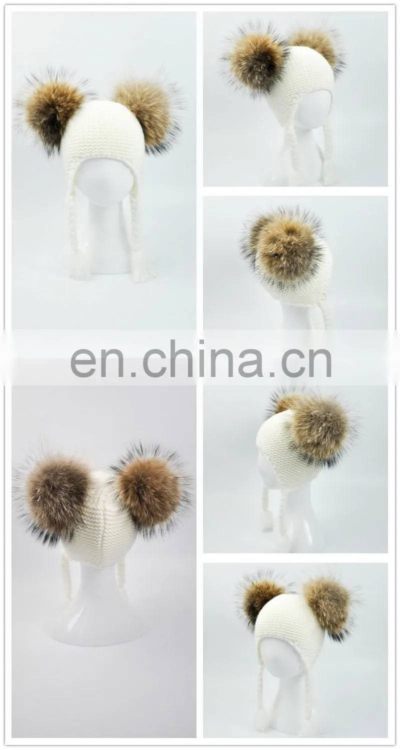 High Quality Fashionable Kids Beanie Hats With Two Fur Pom Poms Baby Fur Hat