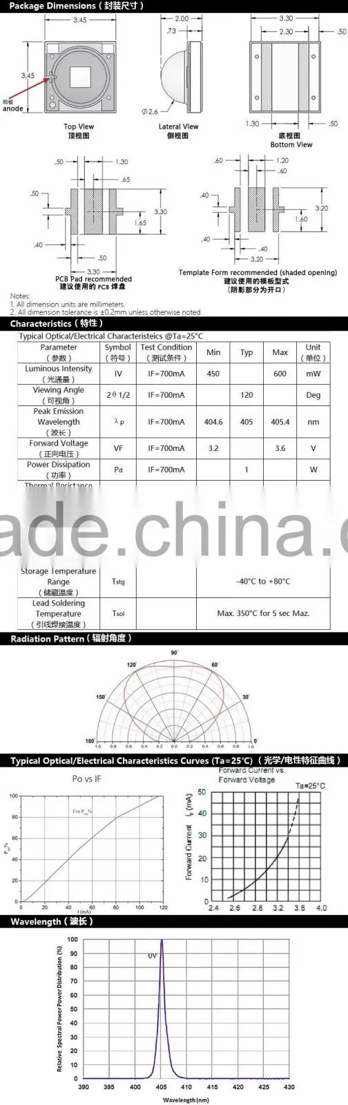 UVLED 1w uv led 3535 405nm with CE rohs FACTORY price