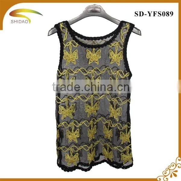 Fashion high quality semi sexy short sleeve embroidery floral Lace crochet blouse
