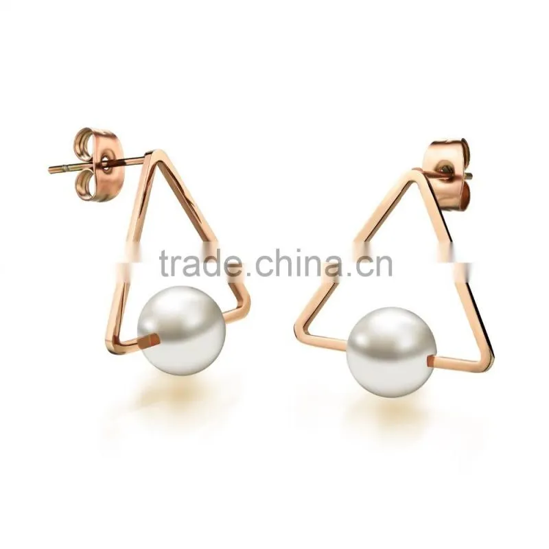 wholesale fashion jewelry triangle shape 18K rose gold plated pearl new earring designs for women