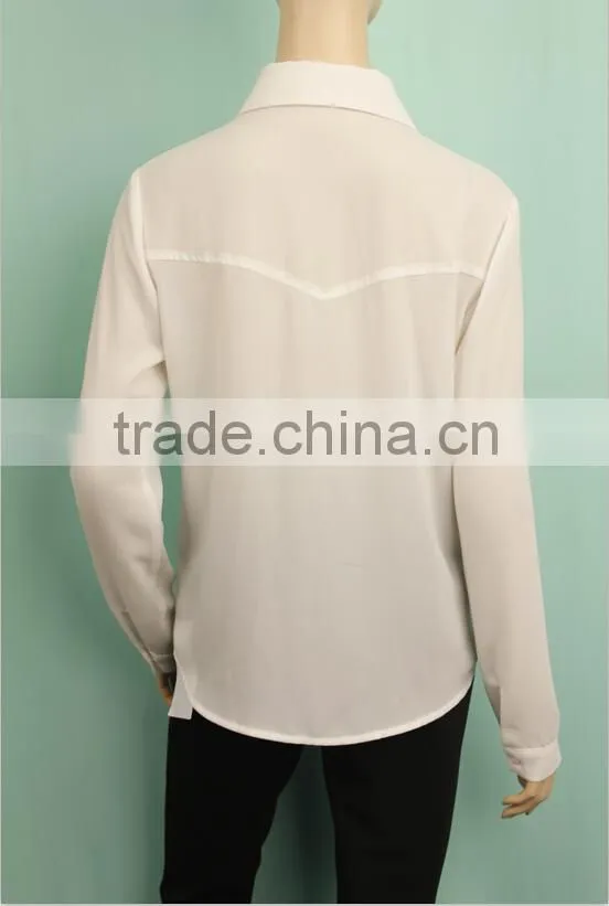 2016 new pattern plain white color hemp material long sleeve latest formal blouse