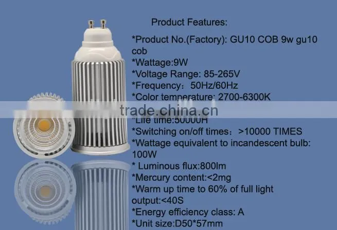 100lm 9W CE ROHS gu10 cob led spotlight