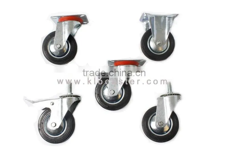 100mm black rubber industrial caster with threaded stem
