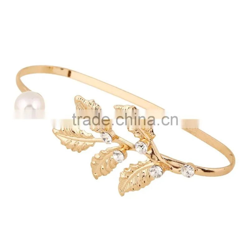 New Design Hand Ornaments Big Gold Leaf With White Pearl Round Circle Finger Jewelry Accessories For Women
