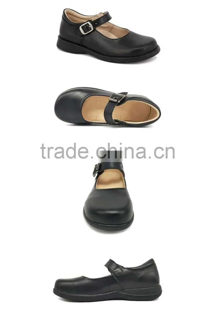 22 Years Manufacturer Fitkids Buckle Black Leather Girls School Shoes with Rubber Sole