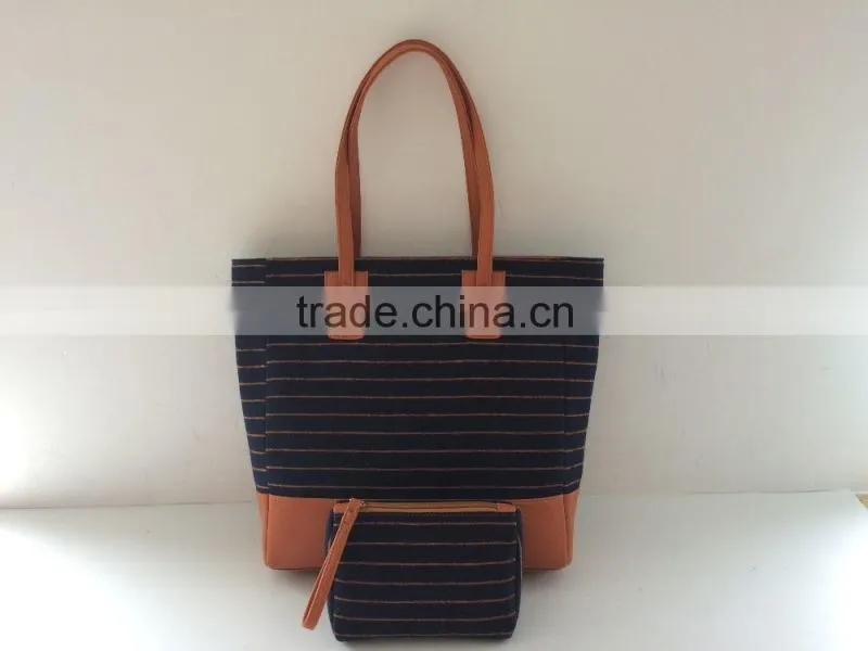 New arrivel strip woolen fabric women tote bag with cosmetic bags