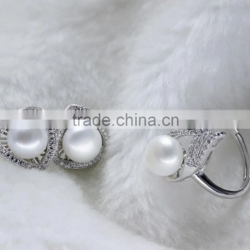 fashionable sterling silver button zircon natural freshwater pearl earring and ring set