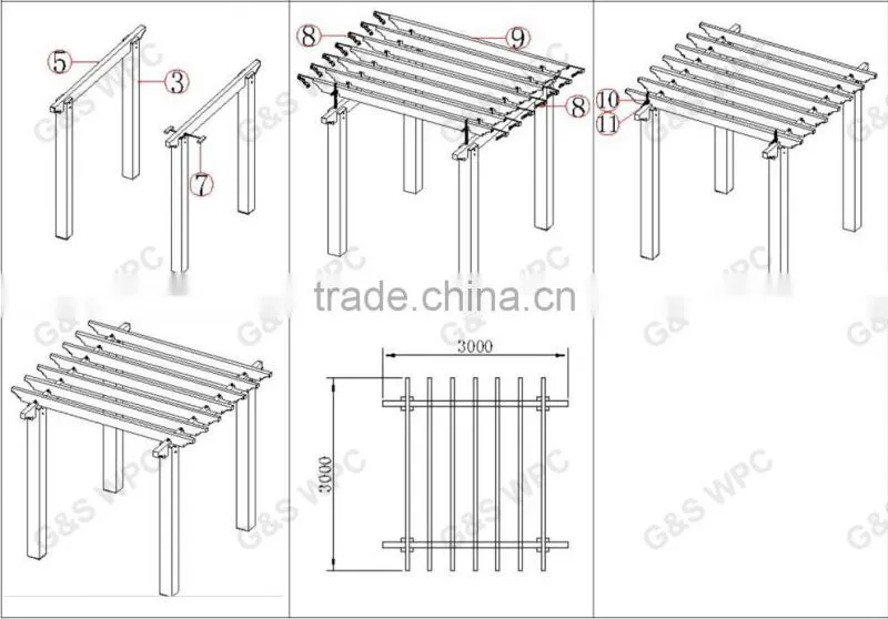 Outdoor long life garden wpc pergola waterproof wood plastic composite pergola wpc