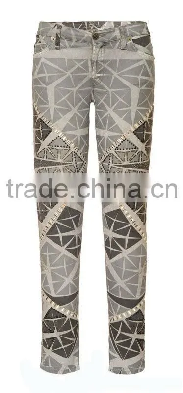 newest fashion jeans print pattern beaded capris skinny pictures sexy jeans women