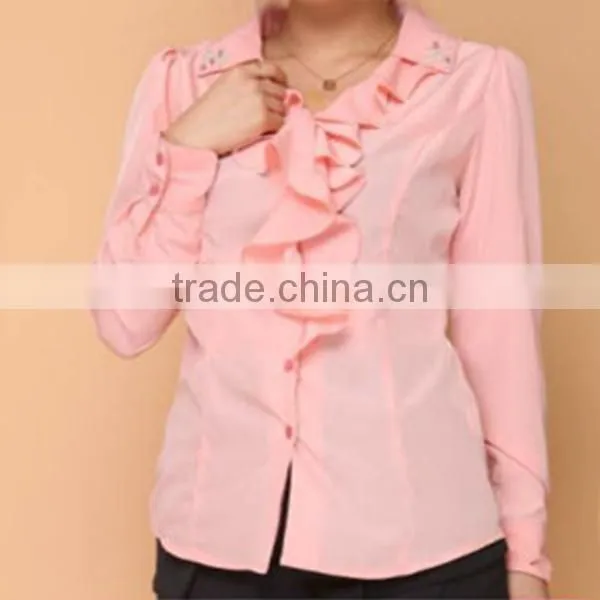 Wholesale ladies tops cheap price long sleeve ruffled neckline mature ladies blouse