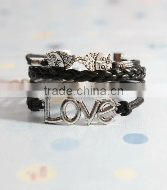 heart to heart bracelet, love with green flocking leather,brown baided Leather bracelet, friendship charm bracelet