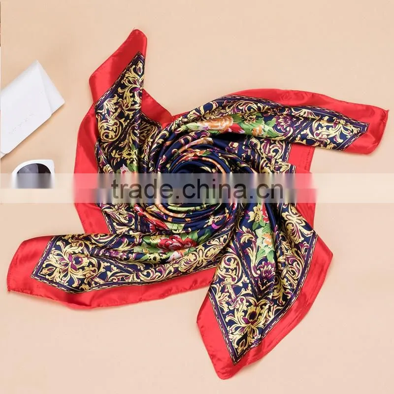 2017 Fashion Lady's Custom Digital Print Silk Satin Square Lady Scarf 90*90